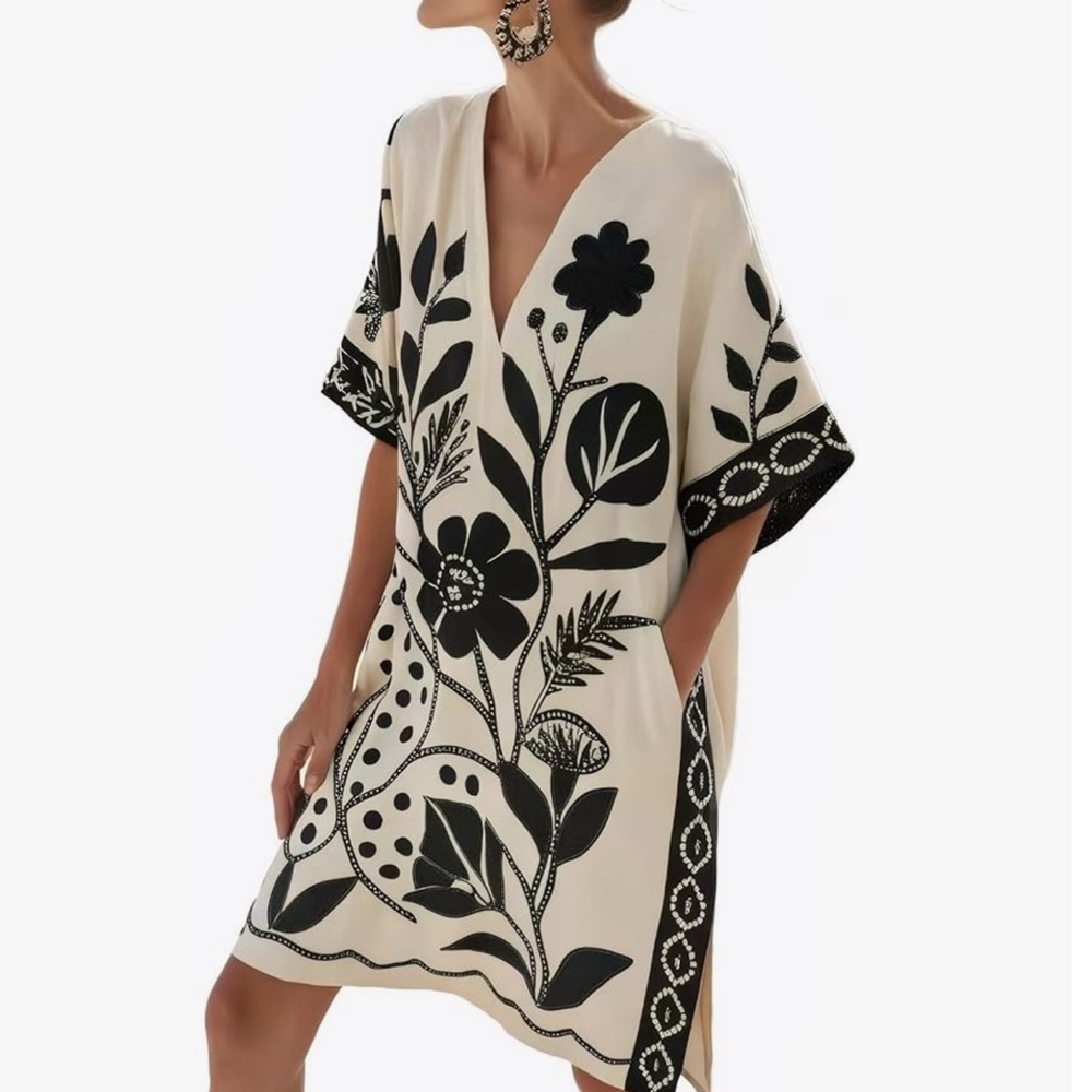 NWT Floral Print V-Neck Dress Black/Beige-S - Picture 3 of 17